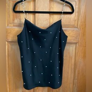 Do+Be Black Camisole Top With Pearls & Adj Gold Pearl Straps, Size Medium